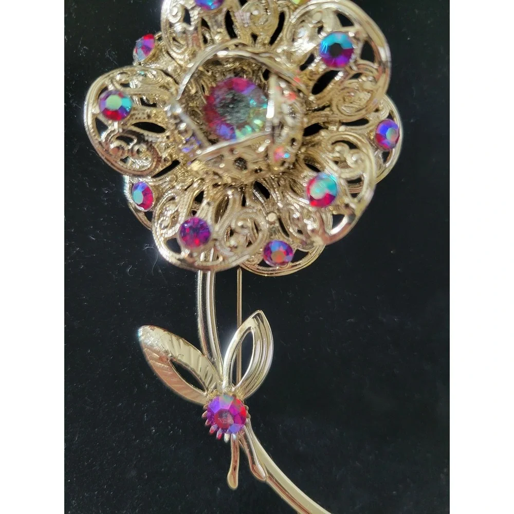 Vintage Gold Tone Filigree Flower Brooch Pin Aurora Borealis Rhinestones